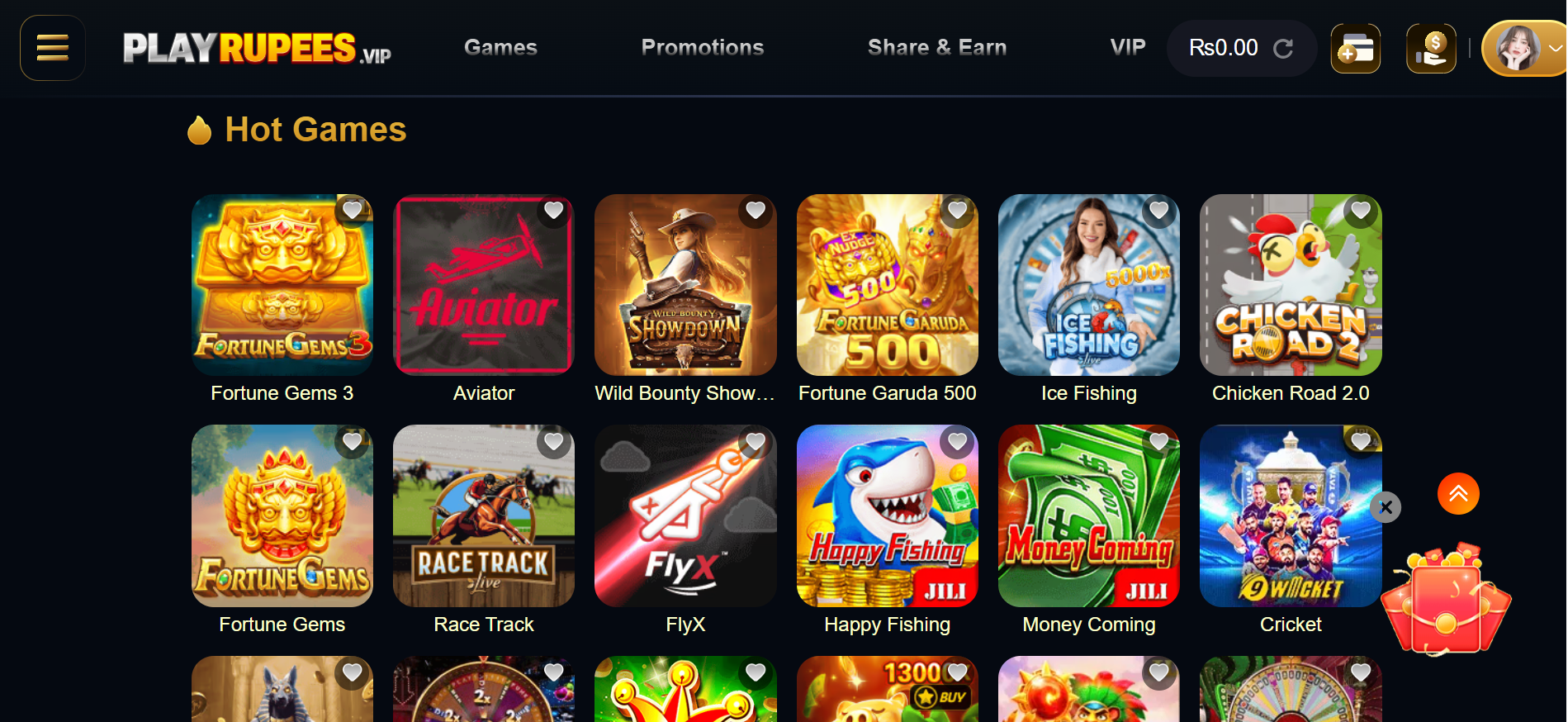 Play Rupees Games and PK Slots interface reference